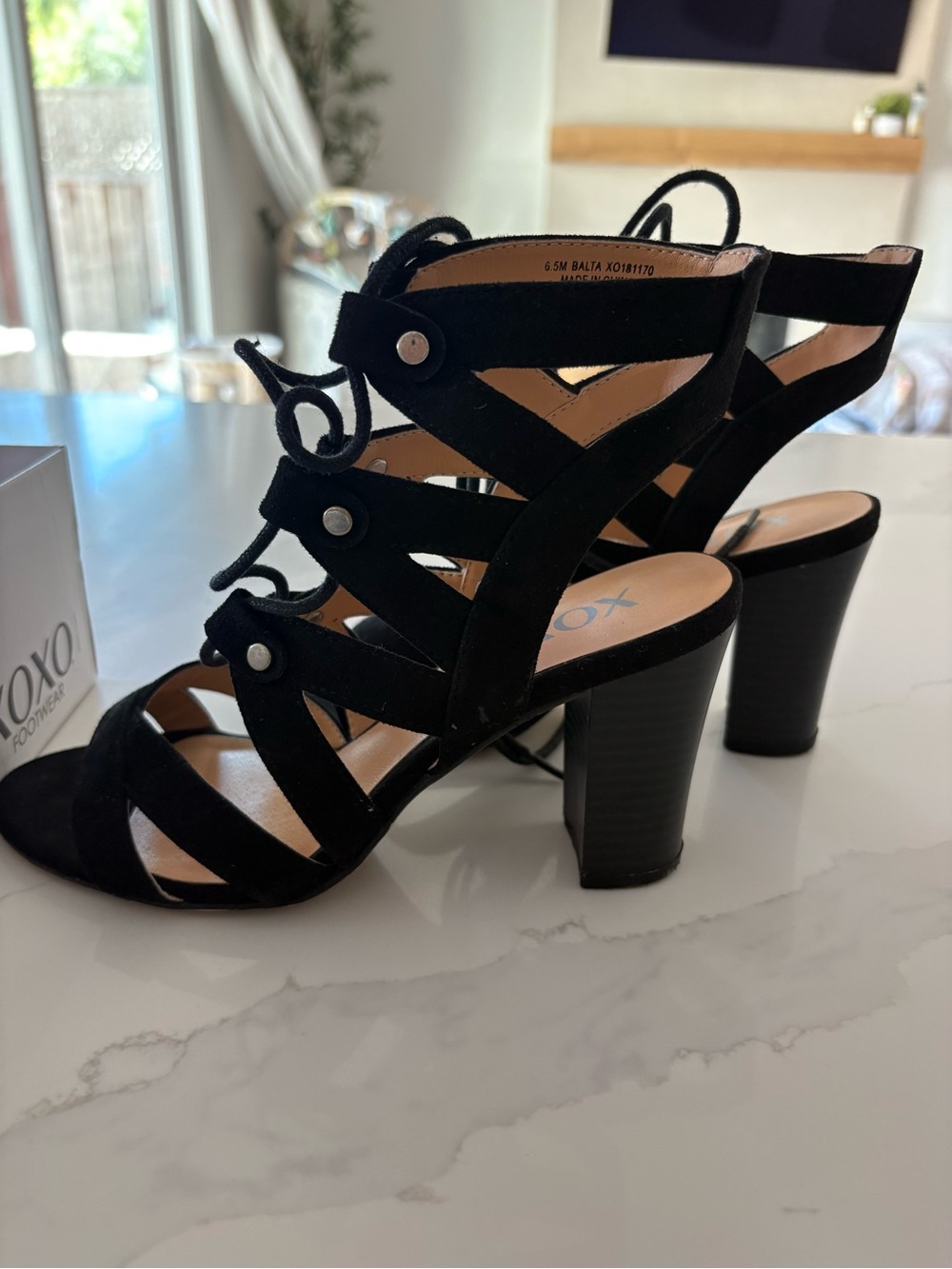 XOXO Black Suede Lace-Up Block Heel Sandals